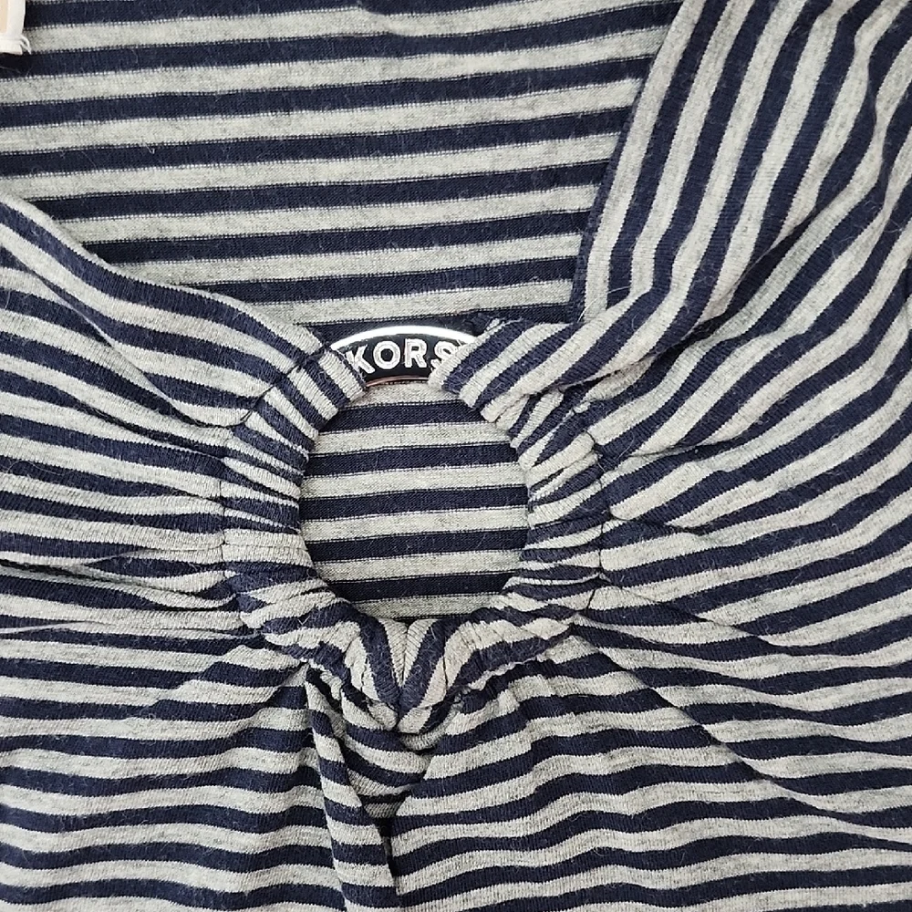 Michael Kors Navy and White Striped Stretch Cotton Knit Top Logo Ring Detail S